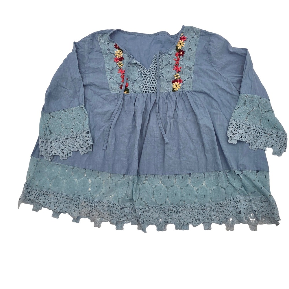 Boho Peasant Blouse Womens 2XL Blue Lace Trim Floral Embroidery Fairy Cottage